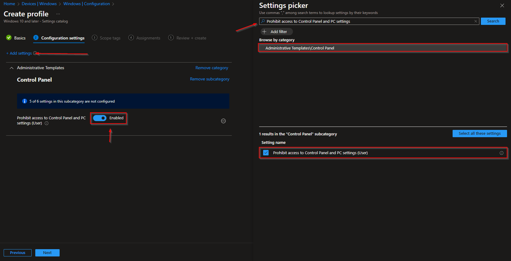 Configuring Control Panel and Windows Settings blocking in Intune